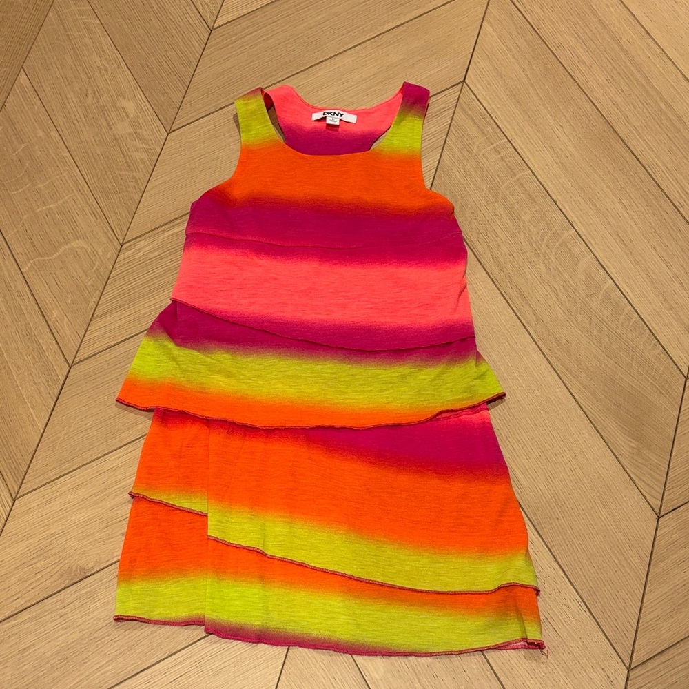 DKNY Girls Tiered Ruffle Dress Pink Orange Ombre Striped Size L